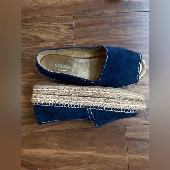 AUTHENTIC- Prada Blue Suede Peep Toe Platform Espadrille - Picture 2 of 10